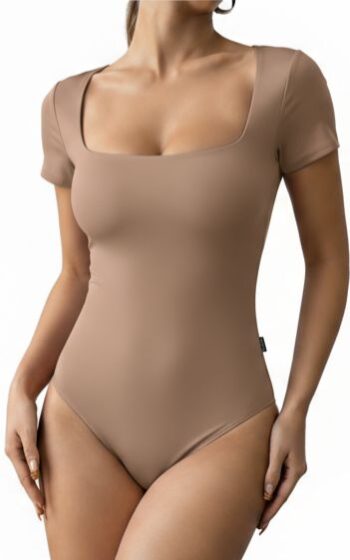Closet T-Shirts - Body Poliamida Decote Quadrado Manga Curta Marrom Claro