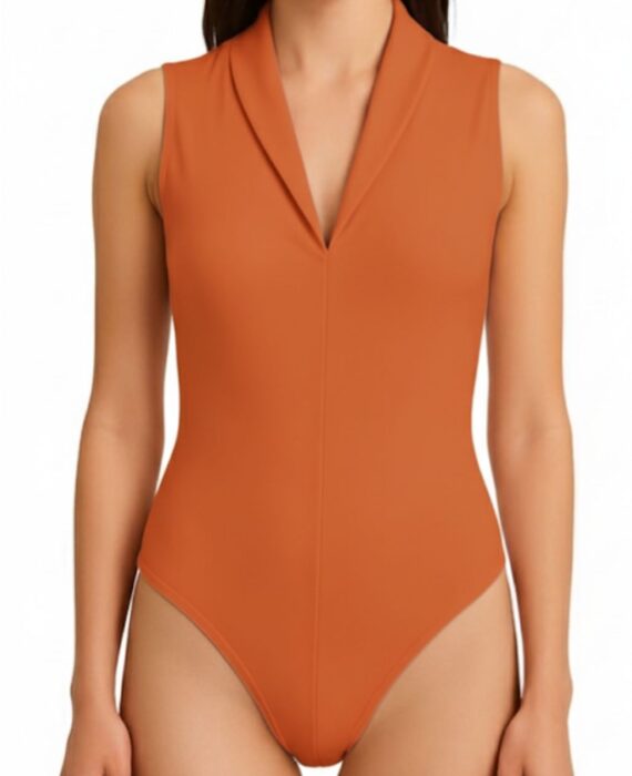 Closet T-Shirts - Body Poliamida Laranja Decote V Casual liso sem mangas